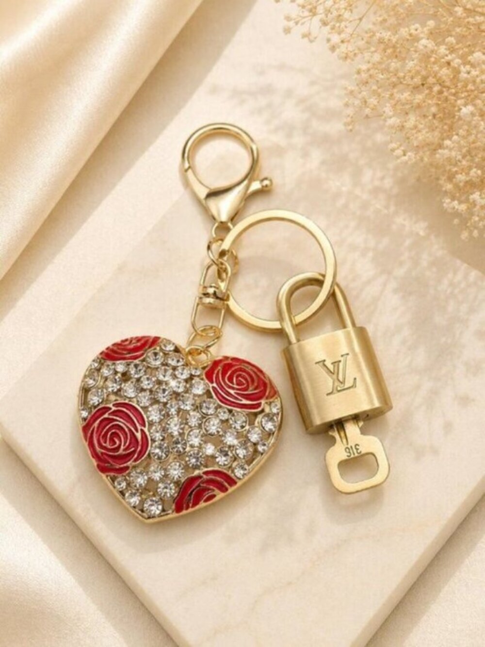Louis Vuitton Authentic Gold Padlock 🔒Key + Unbranded Heart Keychain Bag Charm